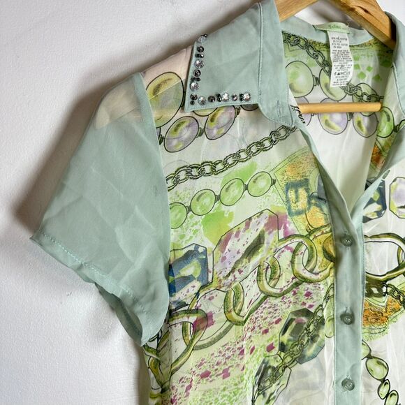 Vintage 90's Y2K Feline silk blend sheer button top green button up collar Small - Picture 3 of 13